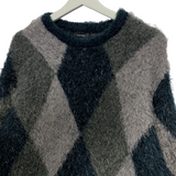 [L] Number Nine Fuzzy Feathery Argyle Oversized Crewneck Sweater Black