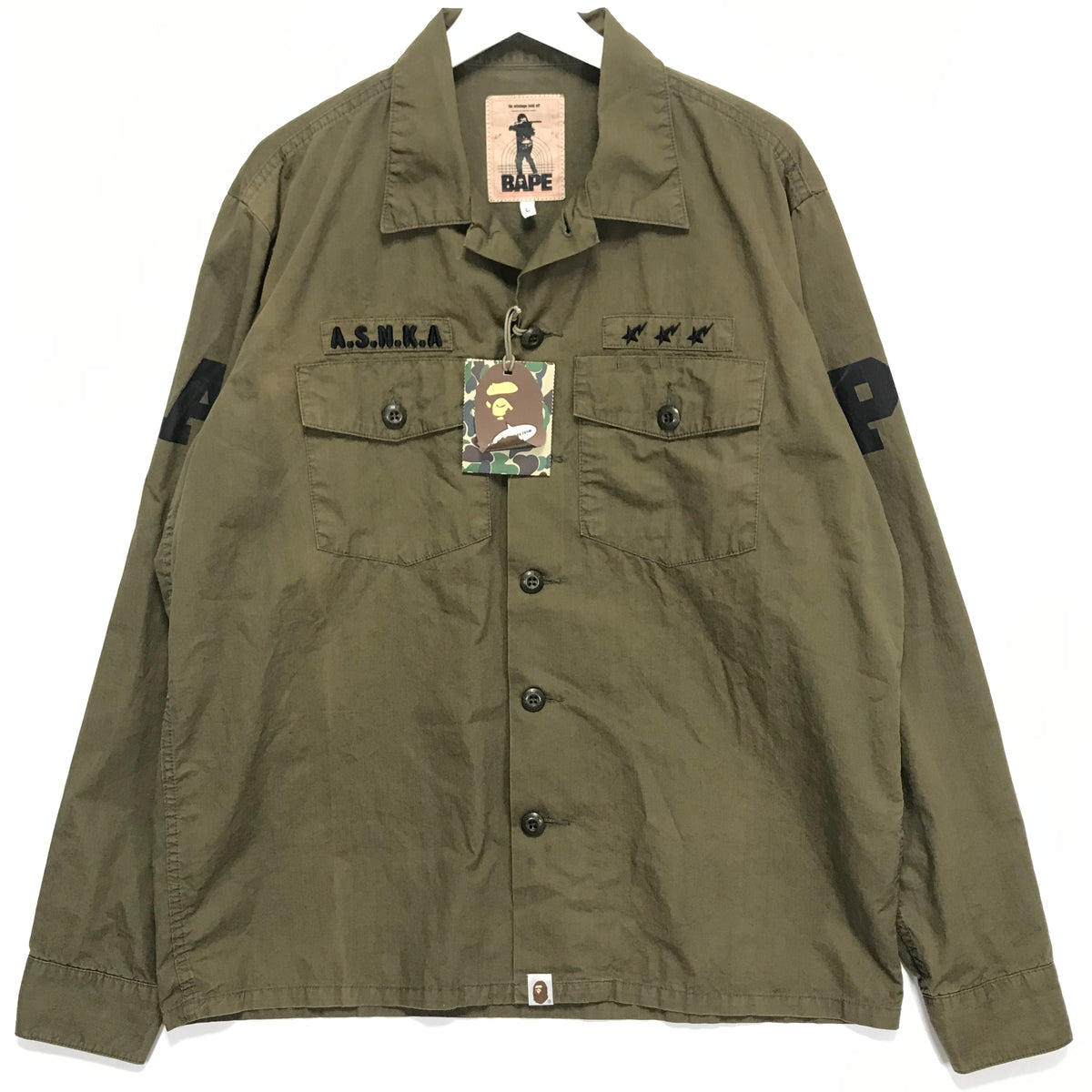 L] A Bathing Ape Bape Vintage ASNKA Military Shirt Olive 