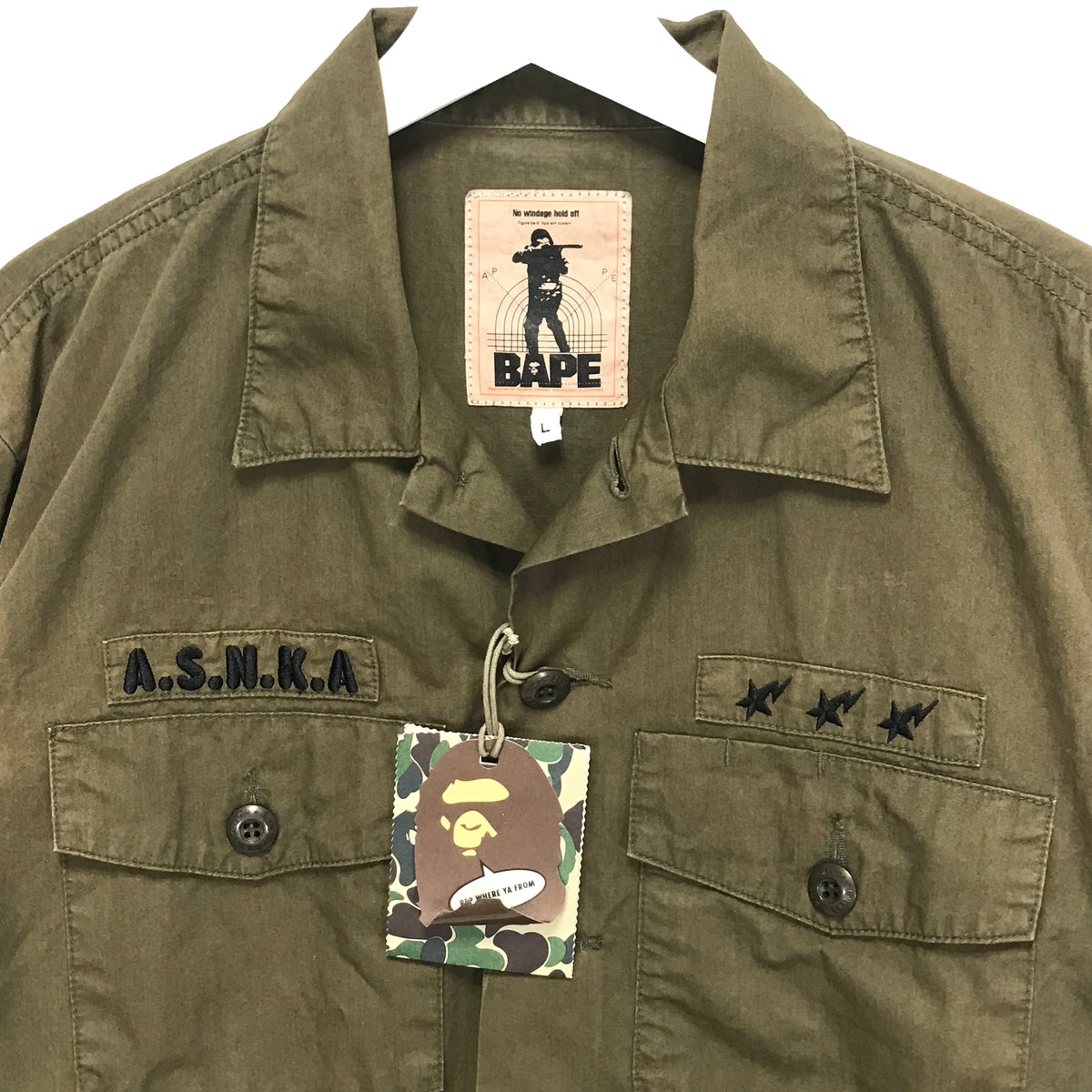 L] A Bathing Ape Bape Vintage ASNKA Military Shirt Olive