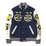 [M] A BATHING APE 00s (2007AW) SERIAL NUMBER MULTI-PATCH LEATHER SLEEVE MELTON STADIUM JACKET NAVY X WHITE