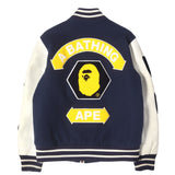 [M] A BATHING APE 00s (2007AW) SERIAL NUMBER MULTI-PATCH LEATHER SLEEVE MELTON STADIUM JACKET NAVY X WHITE