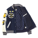 [M] A BATHING APE 00s (2007AW) SERIAL NUMBER MULTI-PATCH LEATHER SLEEVE MELTON STADIUM JACKET NAVY X WHITE