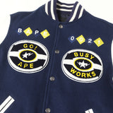 [M] A BATHING APE 00s (2007AW) SERIAL NUMBER MULTI-PATCH LEATHER SLEEVE MELTON STADIUM JACKET NAVY X WHITE