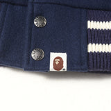 [M] A BATHING APE 00s (2007AW) SERIAL NUMBER MULTI-PATCH LEATHER SLEEVE MELTON STADIUM JACKET NAVY X WHITE