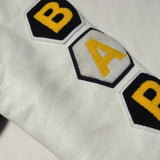 [M] A BATHING APE 00s (2007AW) SERIAL NUMBER MULTI-PATCH LEATHER SLEEVE MELTON STADIUM JACKET NAVY X WHITE