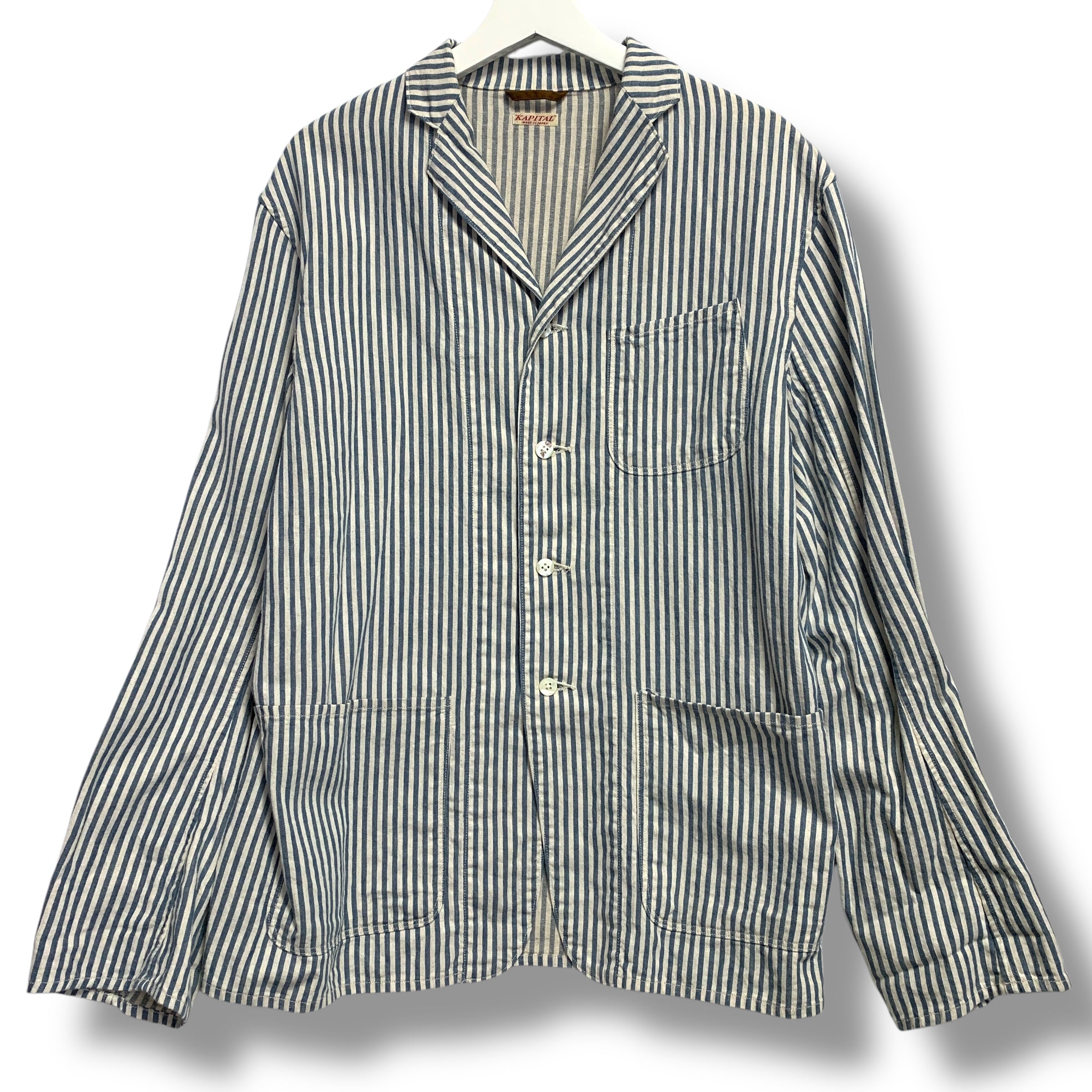 専用　KAPITAL コンチョジャケット サイズ4 (XL) XL] Kapital Cotton Linen Hickory Stripe Four Button Coat Jacket