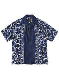 KAPITAL French Cross Linen Discharge Okra Print Open-Collar Shirt (S/S) - Indigo